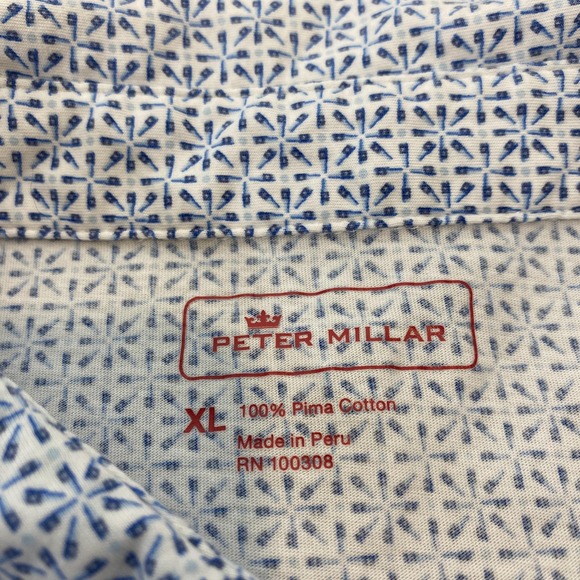 Peter Millar Polo Shirt Mens Size XL White Blue Geometric Pima Cotton Golf Print - Picture 6 of 10